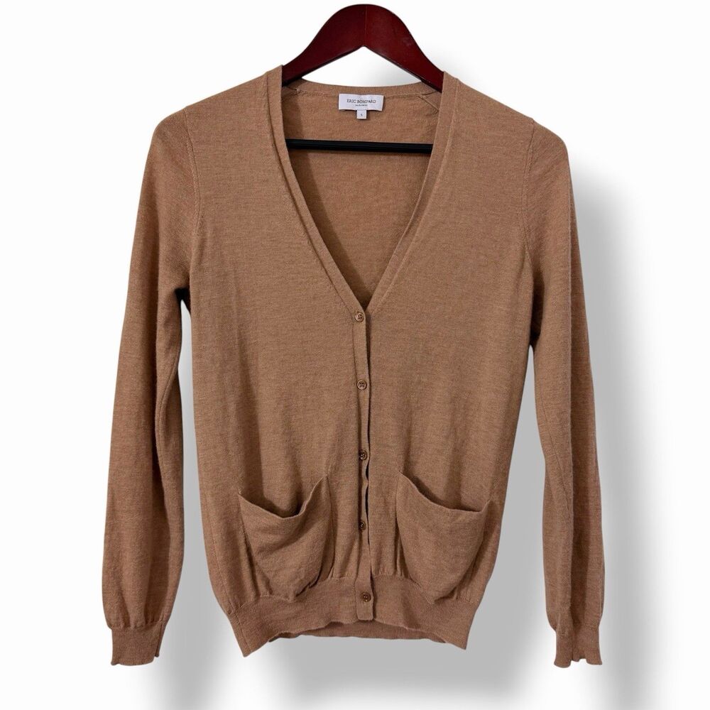Eric Bompard 100% Cashmere V Neck Cardigan Sweater Camel Tan Small Quiet Luxury